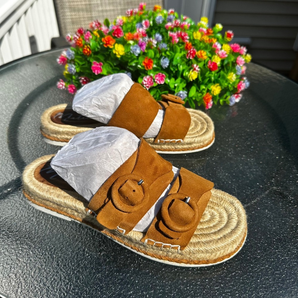 Matisse Cape Tan Suede Double Buckle Espadrille Slide Sandals Womens 7M - Picture 3 of 7